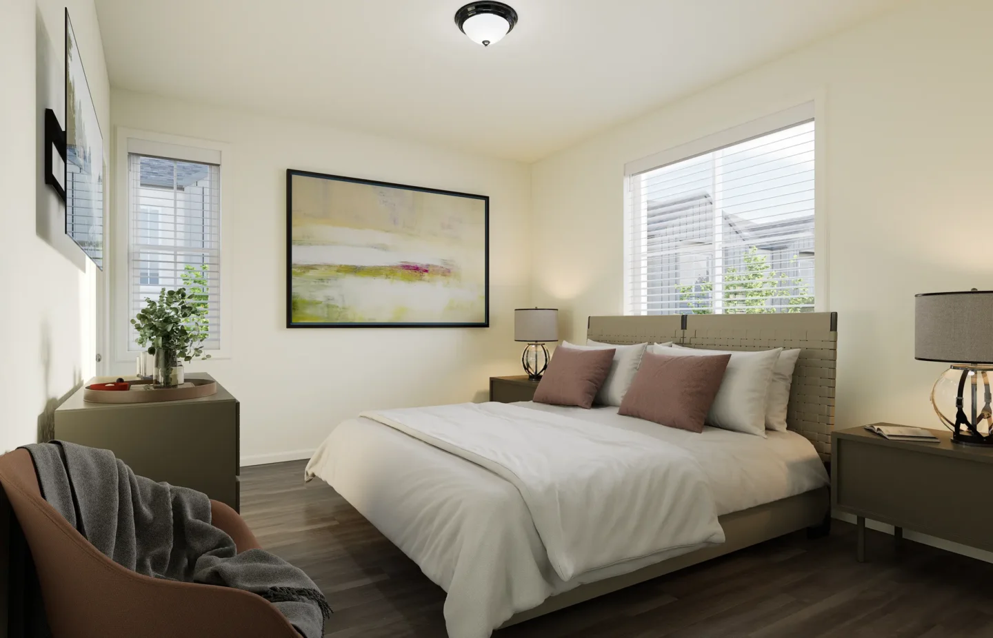Bright townhome bedroom with large windows and contemporary decor at The Peaks at Canyons